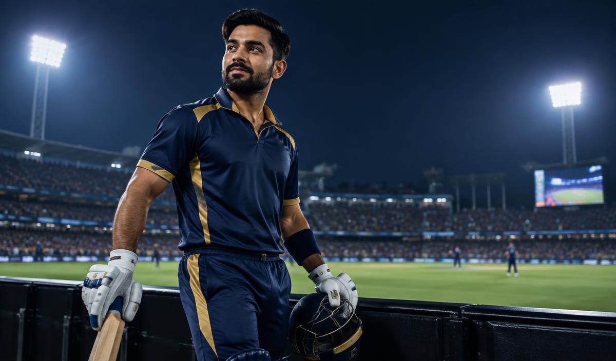 Cricketer standing beneath stadium lights
