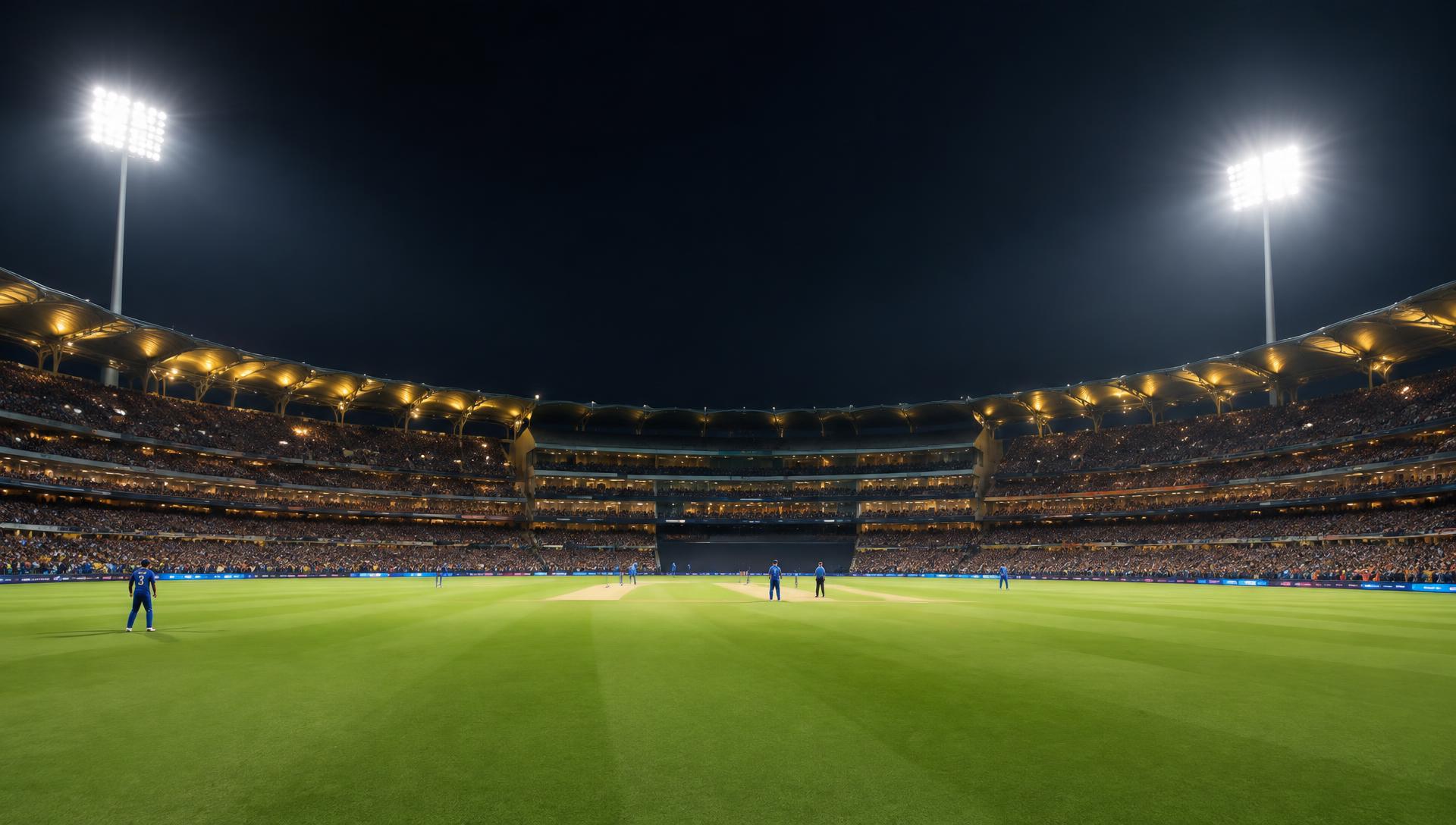 Floodlit cricket stadium at night
