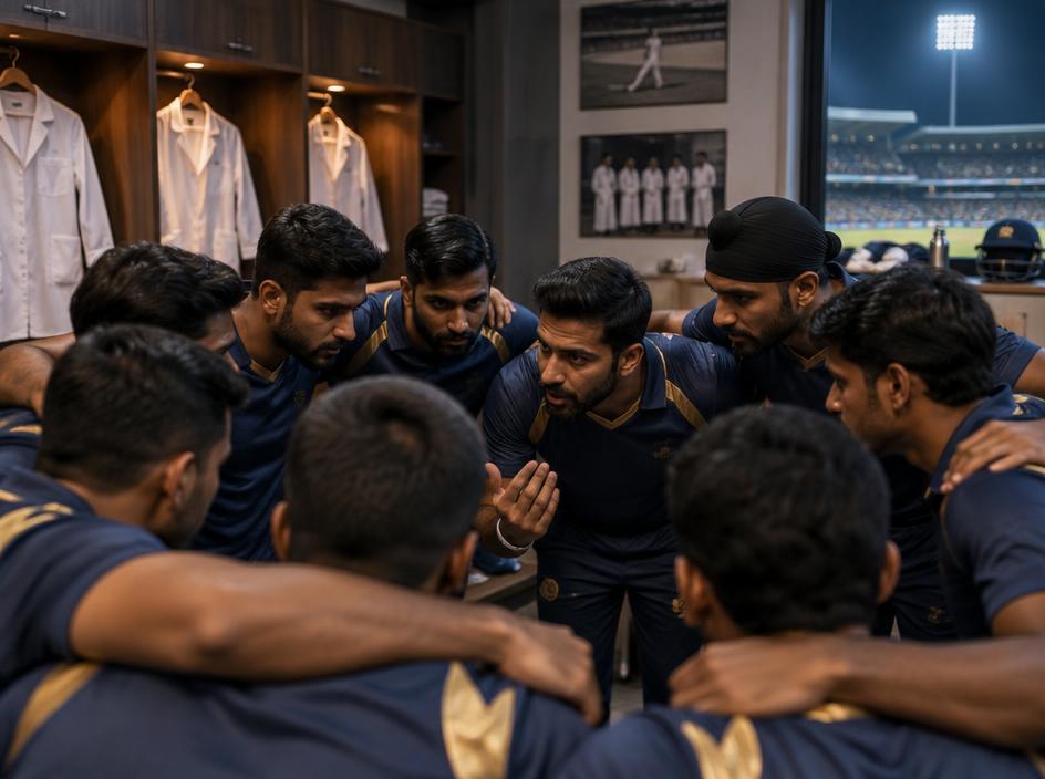 Cricket team gathered under stadium lights